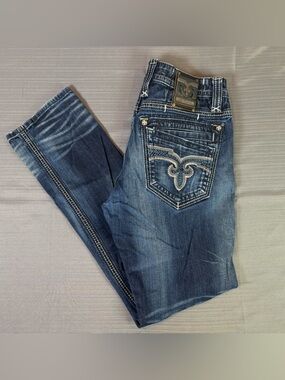 Rock Revival Tavin Straight Jeans Mens 36 Blue Distressed Thick Stitch Designer